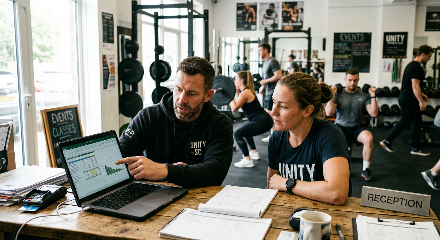 Two gym owners reviewing growth numbers on a laptop at reception