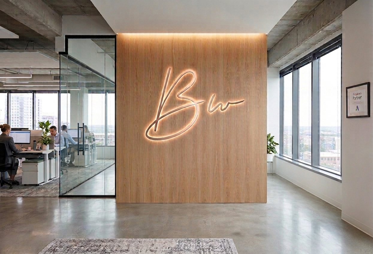 BW-Digital Marketing office with illuminated BW logo